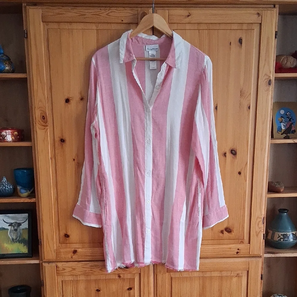 Tommy Bahama Pink White Stripe Linen Blend Preppy Boyfriend Shirt Dress Size XL - Picture 2 of 10